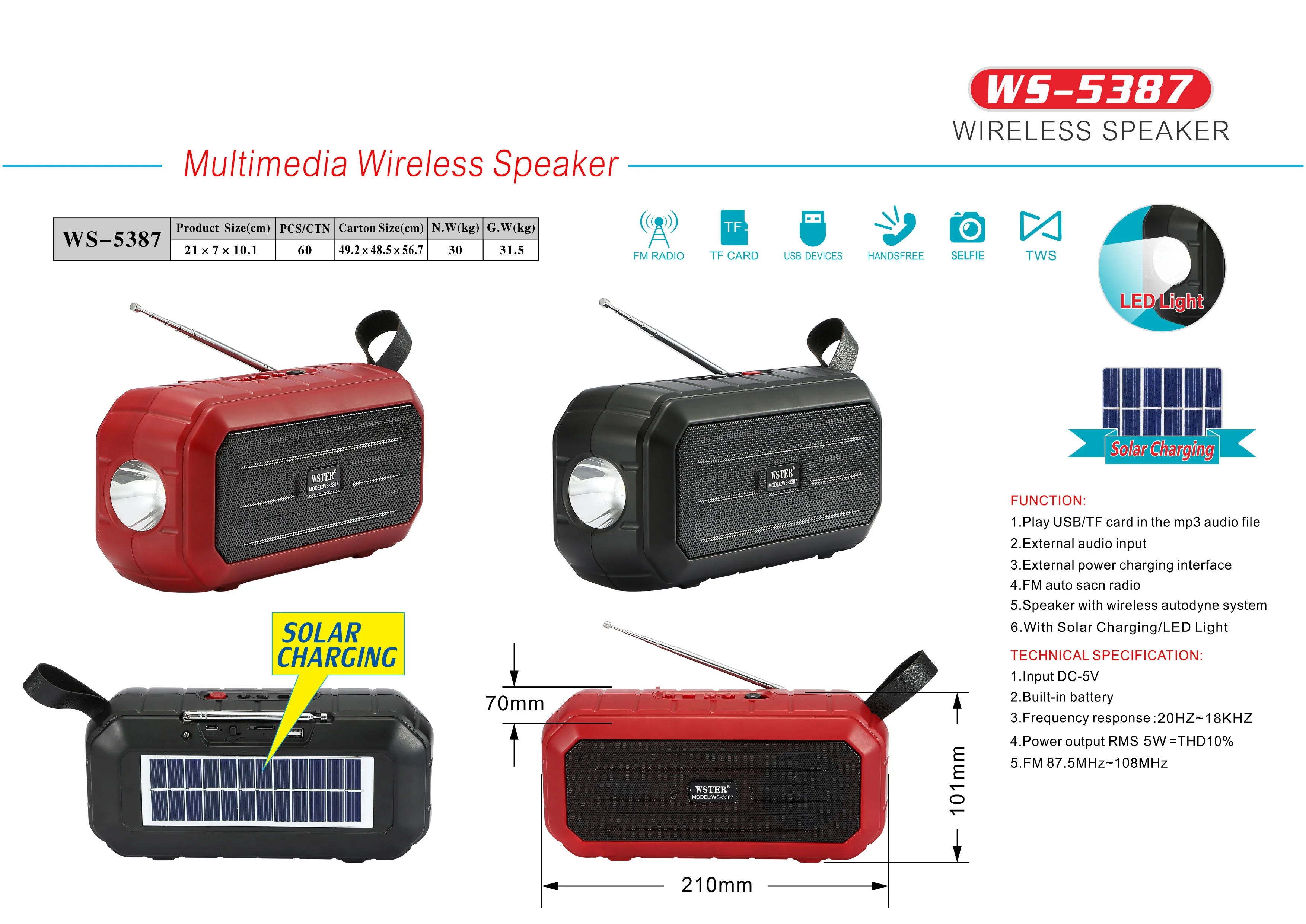 WS-5387 Portable Outdoor Solar Energy FM Radio BT Speaker With Flashlight