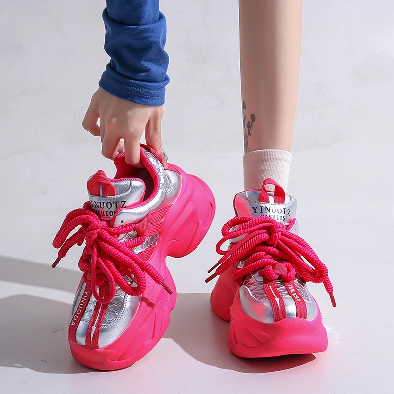 8CM Heels Autumn Chunky Sneakers for Women 2023 Platform Sports Breathable Leather Shoes Woman Lace-up Thick Bottom Dad Shoes
