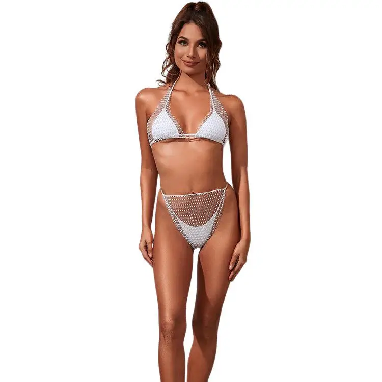 2024 White Two-Piece Women Sexy Sheer Crystal Black Swimsuit Diamond Fishnet Rhinestone Bikini Diamond Mesh Swimwear Beachwear