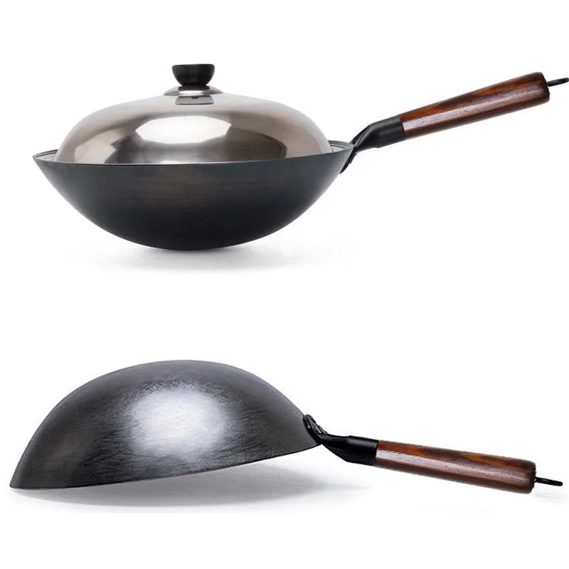 Traditional Iron Wok Nonstick Woks Hand Forged for Kitchen Panwooden Handle Wok Kitchen Gas Pot Cookware