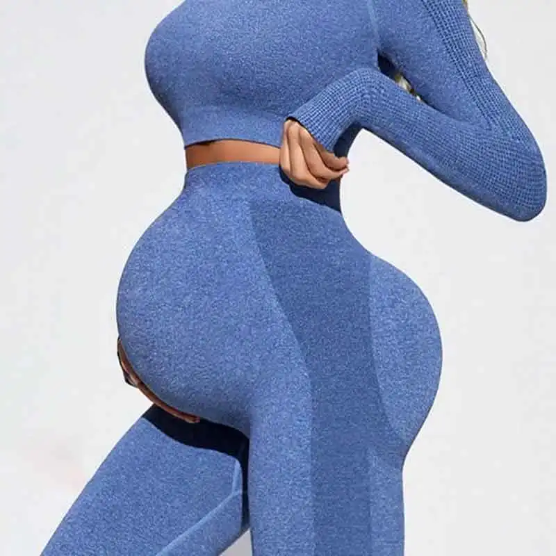Seamless Knitted Pregnant Women Long Sleeve Yoga Set Europe America Sexy Abdominal Support Peach Hip Tight Maternity Sports Set