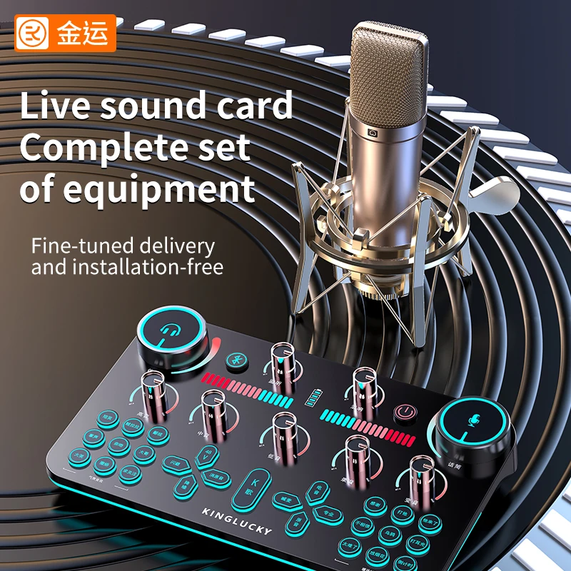 KINGLUCKY V20 Professional Sound Card with 25mm Condenser Studio Microphone for Broadcasting TikTok live