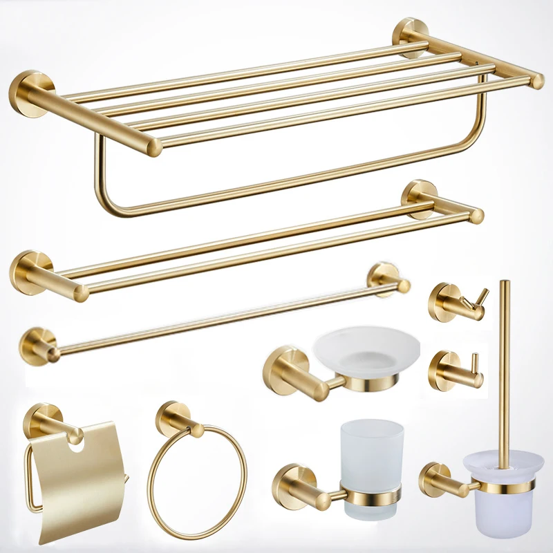 High quality Hotel wall mounted  towel bar Stainless steel sus304 towel rack Brushed gold bathroom accessories set
