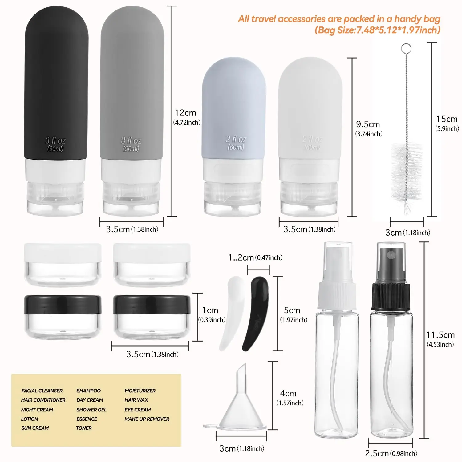 Silicone Travel Bottles Set - TSA Approved Leak Proof Silicone Squeezable Containers for Toiletries Toner makeup liquid black