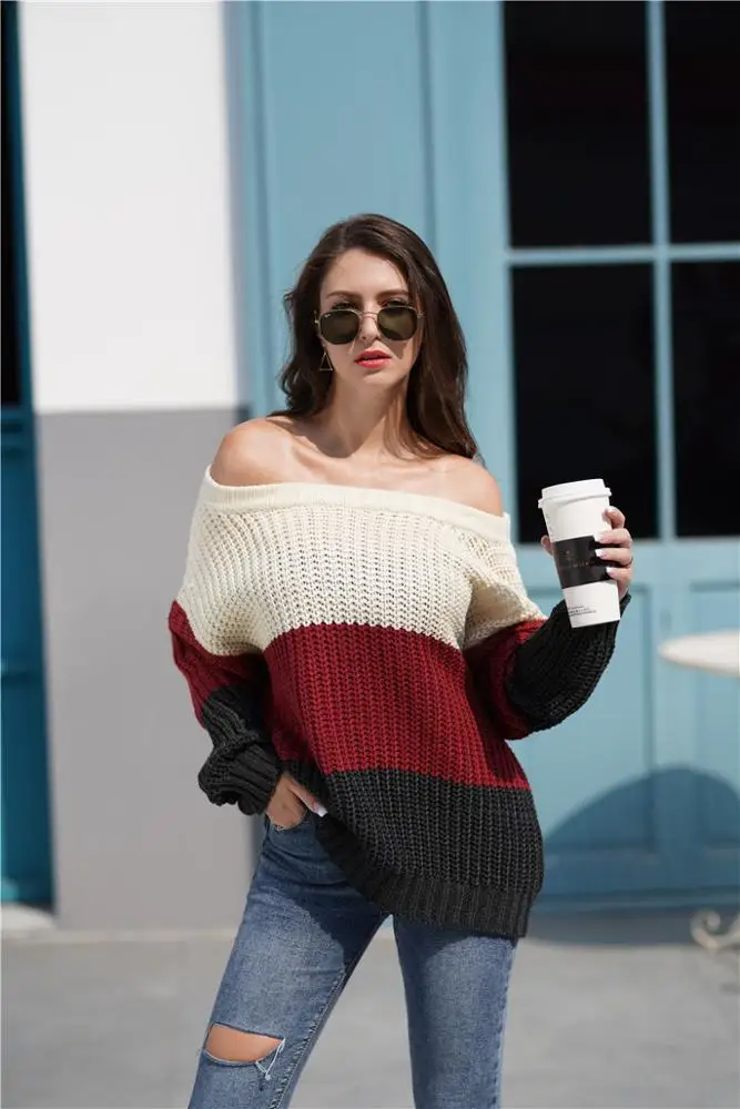 
2019 Amazon New Patchwork Sweaters Autumn Winter Women Striped Pullover Sweaters Off Shoulder Sexy Sweaters Women 