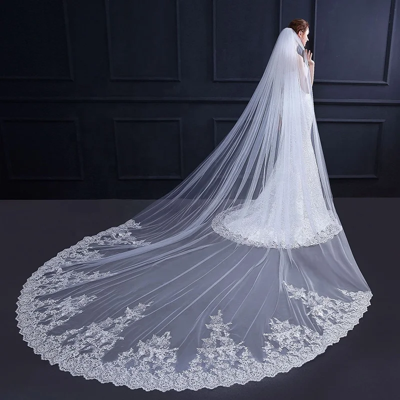 
Shenglan 3.5 Meter Ivory Cathedral Wedding Veils with Comb Long Lace Edge ivory veil wedding bridal wedding supplies 