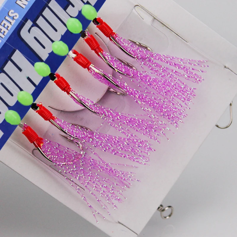 Jetshark 7-15# Sabiki Fishing Rigs Bait Freshwater Saltwater Colorful Feather Hooks 6 Hooks Pink Sabiki Rigs String Hook