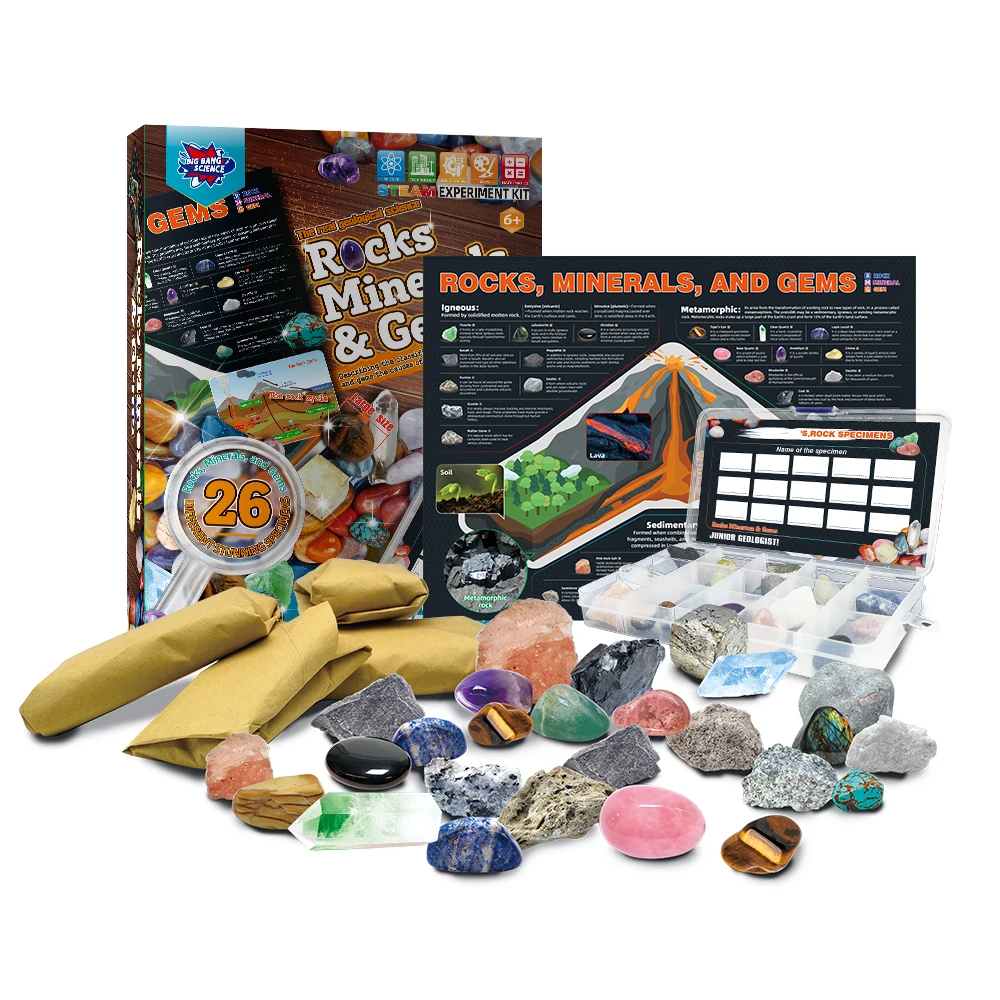 26pcs Natural Real Rock And Mineral Kids Learning Set Mineral Rock Stone Specimen Collection Kit GEO Rock in Collection Toy