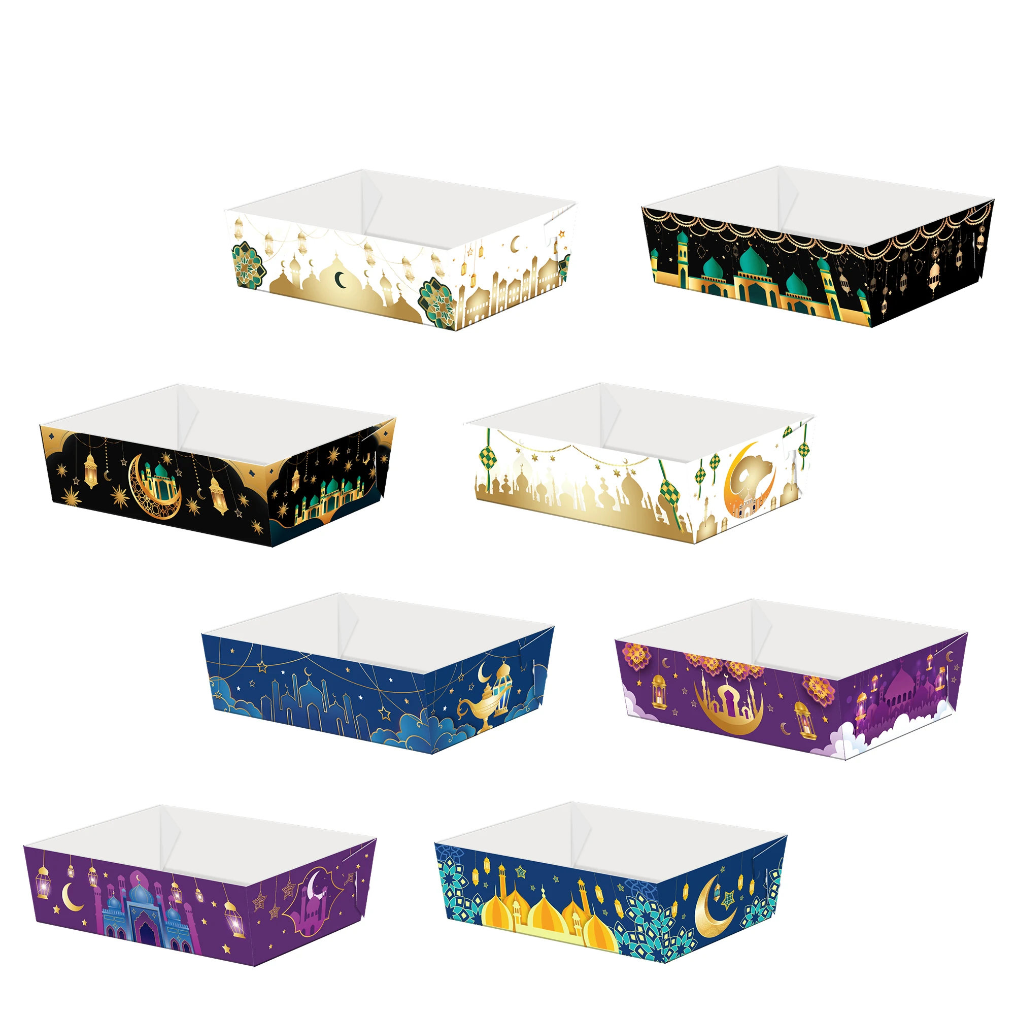 Huancai 24PCS Eid Mubarak Snack Trays Party Decor Disposable Paper Food Serving Tray Paper Food Boats for Ramadan Party Supplies