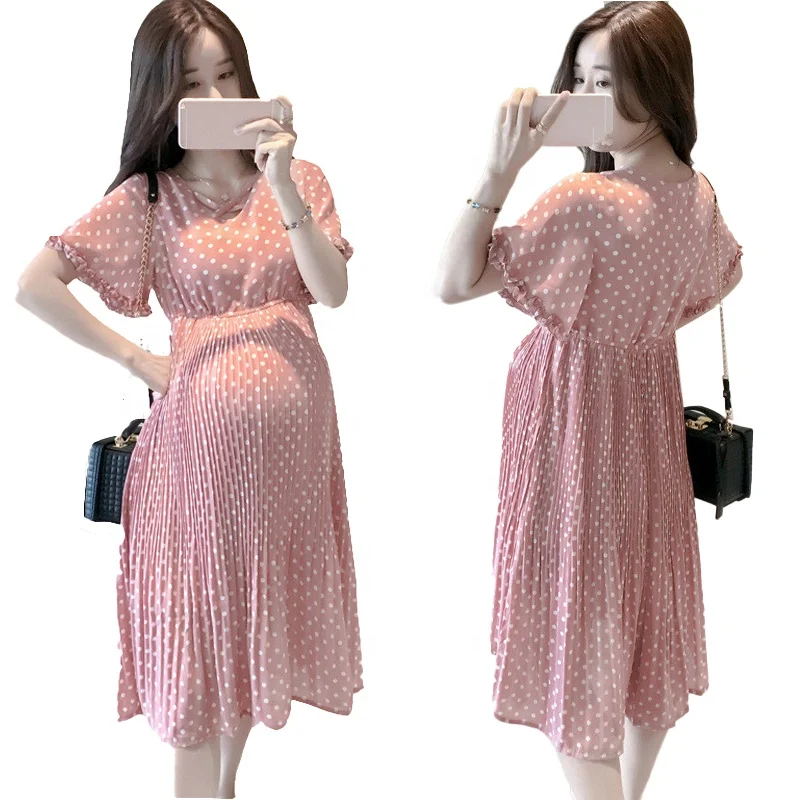 Chiffon Dresses Maternity Clothing For Pregnant Women Short Sleeve V-neck Dot Pregnancy Dress Maternity Summer Dresses
