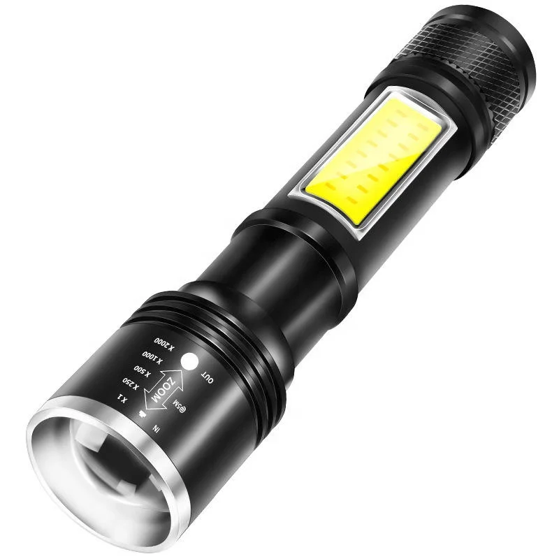 
High Quality USB Rechargeable LED Torch LED Zoomable Aluminium flashlight with LED + COB 2 Source 
