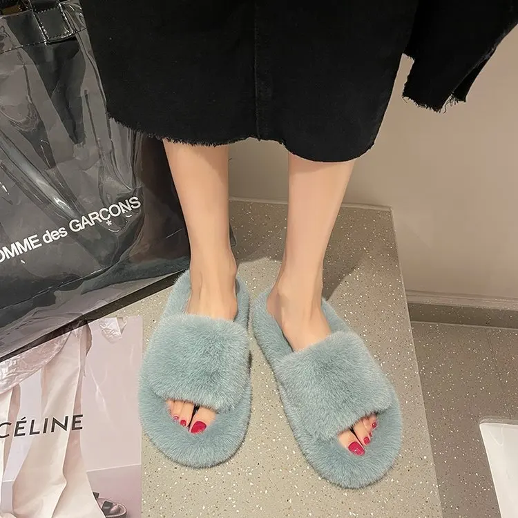Fluffy slippers women 2022 autumn and winter new furry home flat outside to wear plush slippers flip-flops