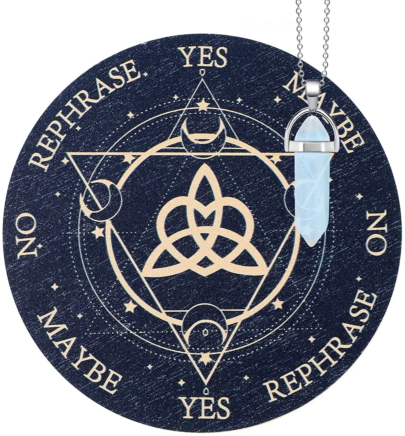 One Set Pendulum Board with White Crystal Pendulum Necklace Wooden Dowsing Divination Moons Witchcraft Wiccan Altar Supplies Kit