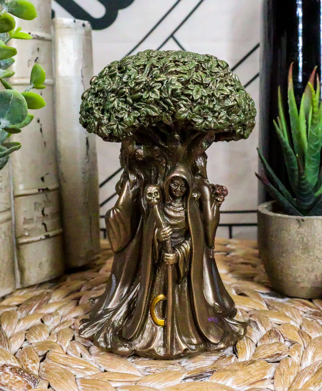 Celtic Sacred Moon Triple Goddess Maiden Under Tree of Life Statue for Indoor Decor
