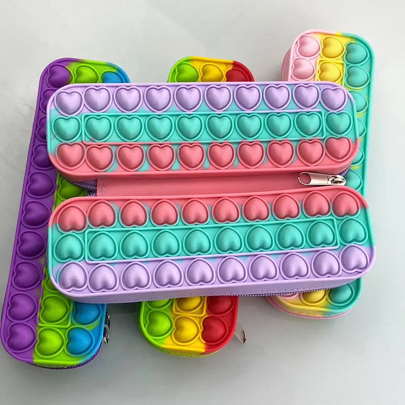 Silicone Fidget itting Sensory Toys Storage Makeup Bag Colorful Pop Pencil Case Push Bubble Pencil popets bag with heart
