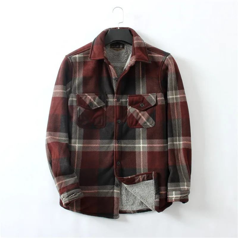 Custom logo winter quality Plus size velvet thick warm two-color check shirt retro casual fleece plaid flannel shirt men