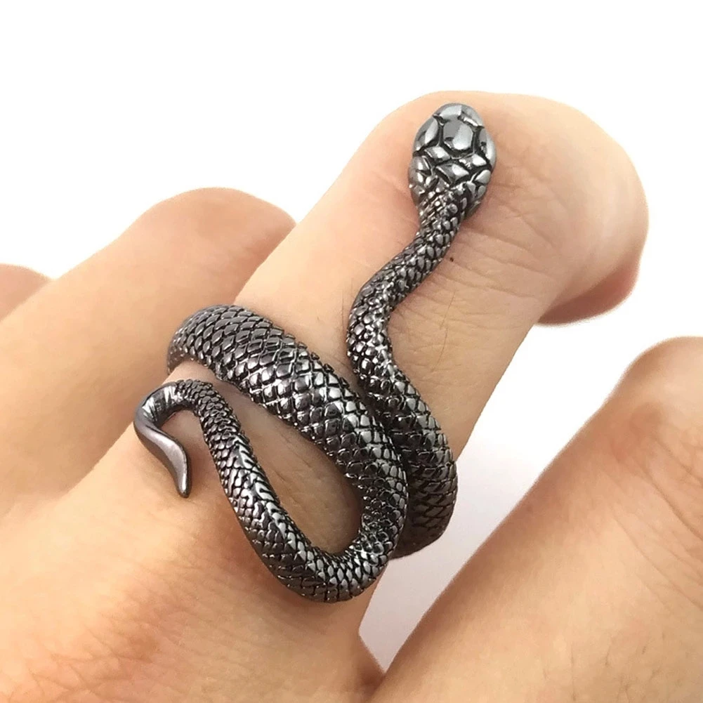 Retro Punk Snake Ring for Men Women Exaggerated Antique Fashion Personality Opening Adjustable White Gold Skull Snake Rings