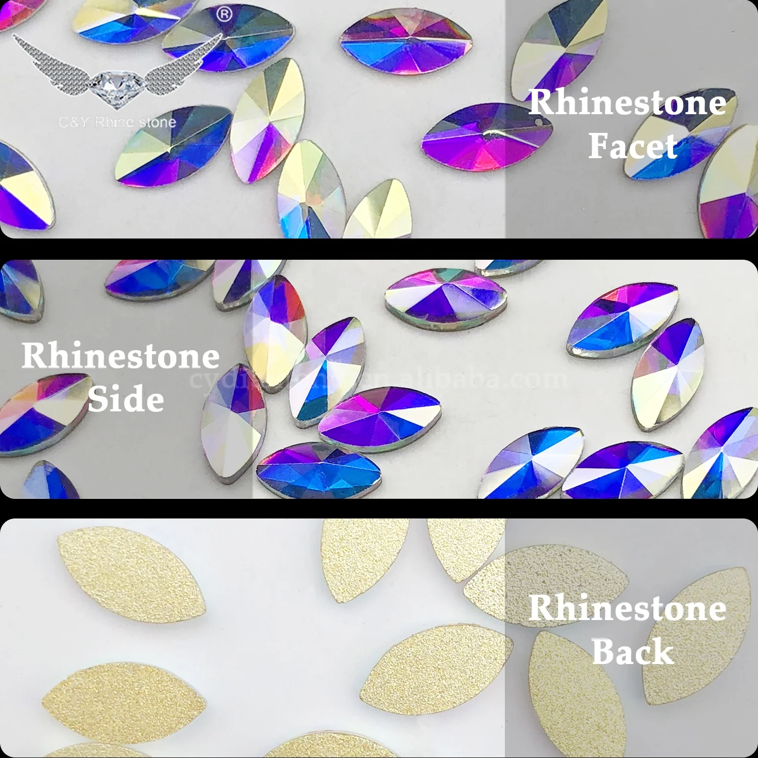 C&Y Horse Eye Mermaid Austrian Crystal AB Colorful Flat Back Non Hot Fix Bling Stone Shape Rhinestone
