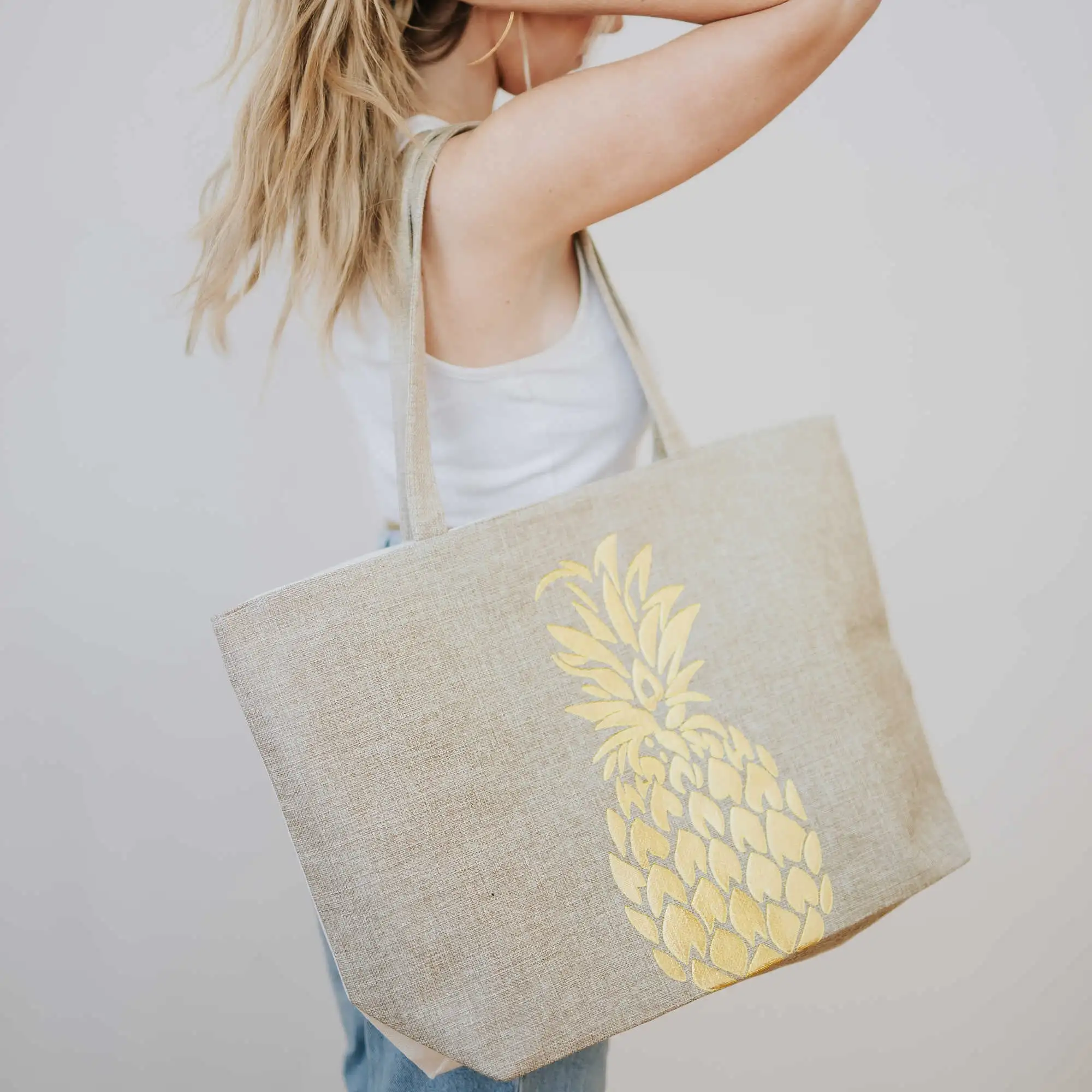 JAKIJAYI Gold Peacock Feathers Rope Handle Linen Summer Fashion Beach Tote Bag Women