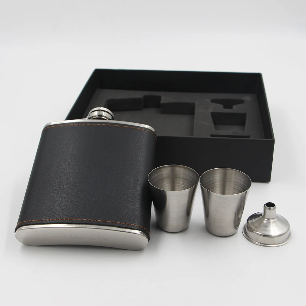 7oz Stainless Steel Whiskey Hip Flask with black leather cover Bonus 2 stainless steel shot cup and 1 funnel Gift Set
