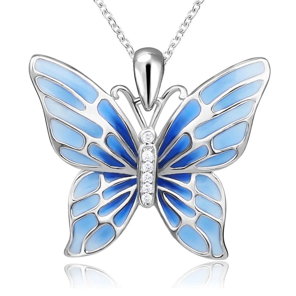 Hot selling 925 sterling silver blue butterfly animal pendant zircon pave necklace jewelry gifts for friends