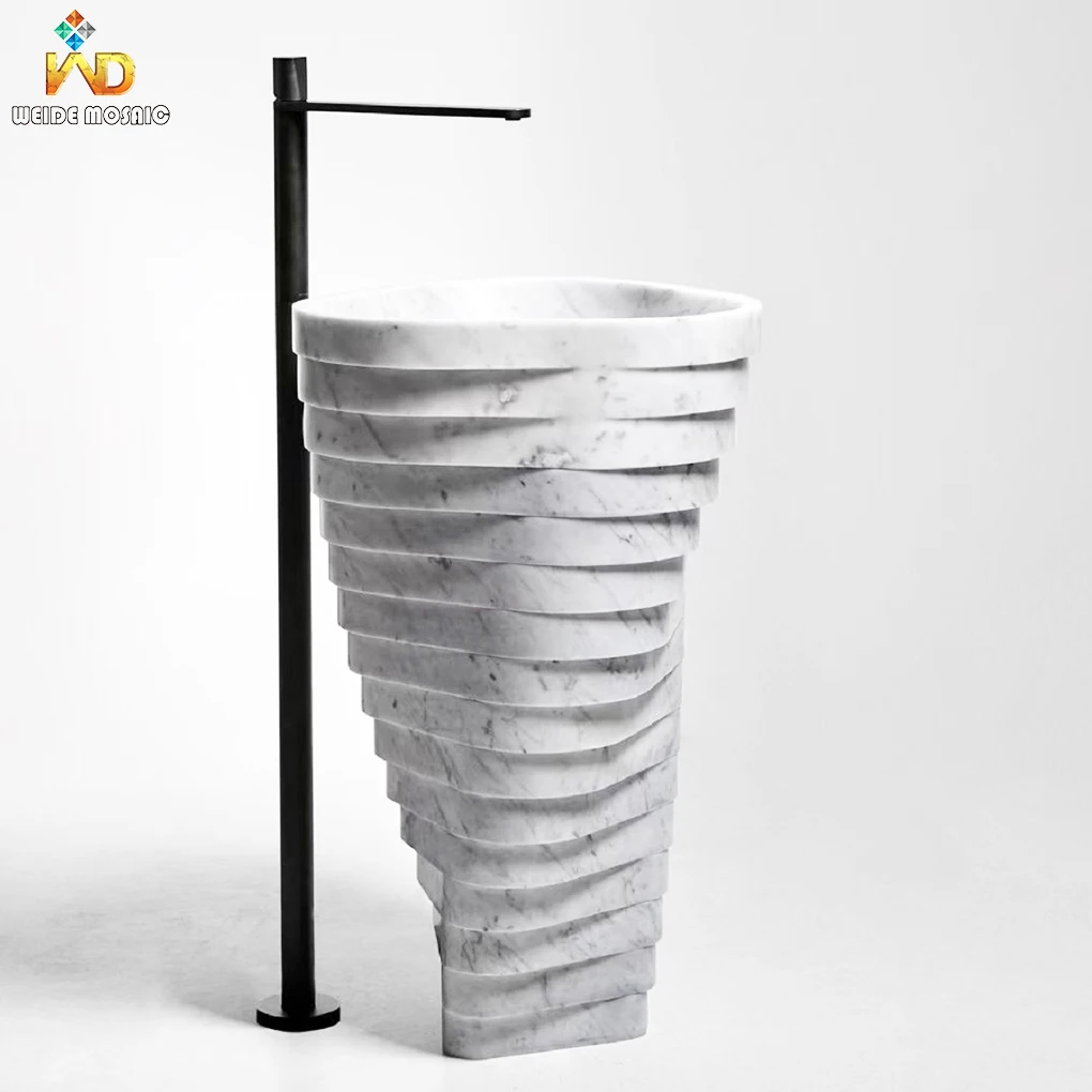 Designer Villa Home Hotel Bathroom DecorationStone Stand Alone Pedestal Sinks  White Marble Wash Hand Basins