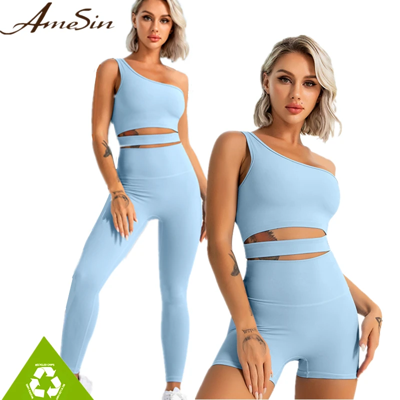 10% OFF AMESIN 2022 Recycled High Waist Squat Proof Leggings Active Wear One Shoulder Sport Bra Private Label Fitness Yoga Set