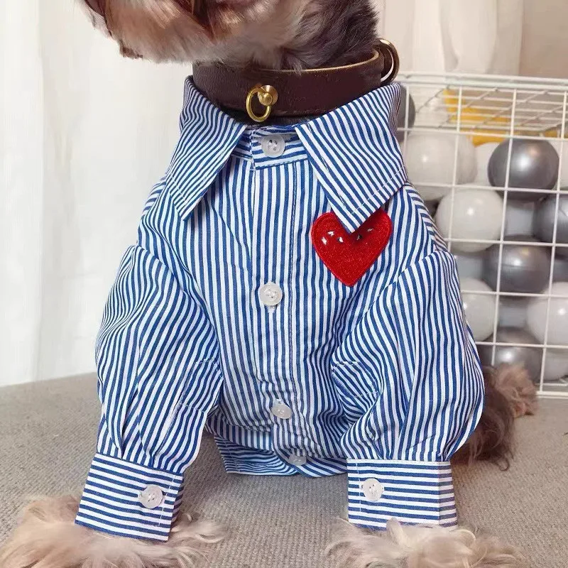 INS Pet Dog Blue And White Striped Heart Shirt With Owner Thin Shirt For Spring/summer