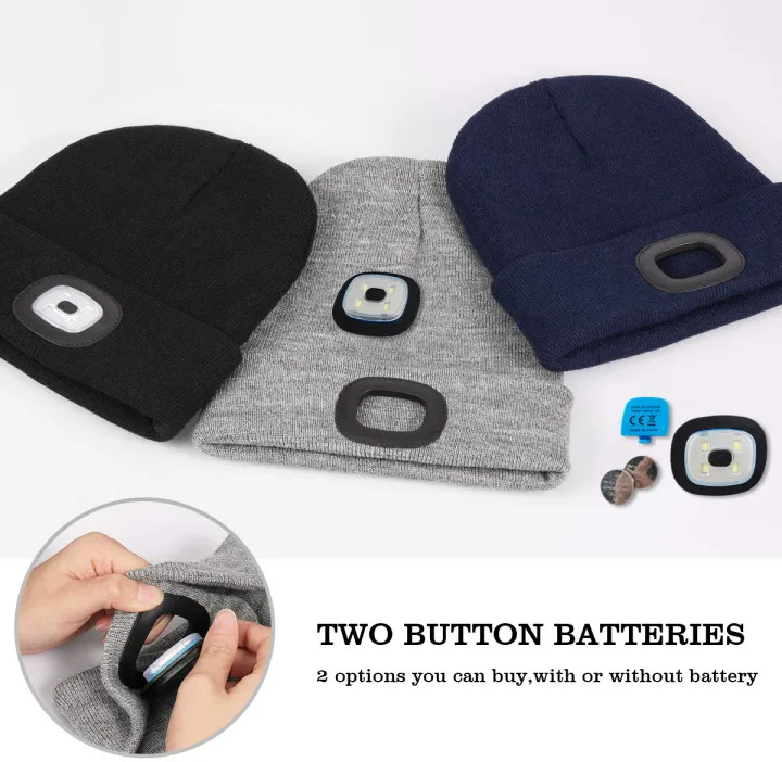 Logo Customized Embroidered 4 Led Lighted Running Hat Beanie Headlamps Outdoor Winter Led Light Hat Button Battery