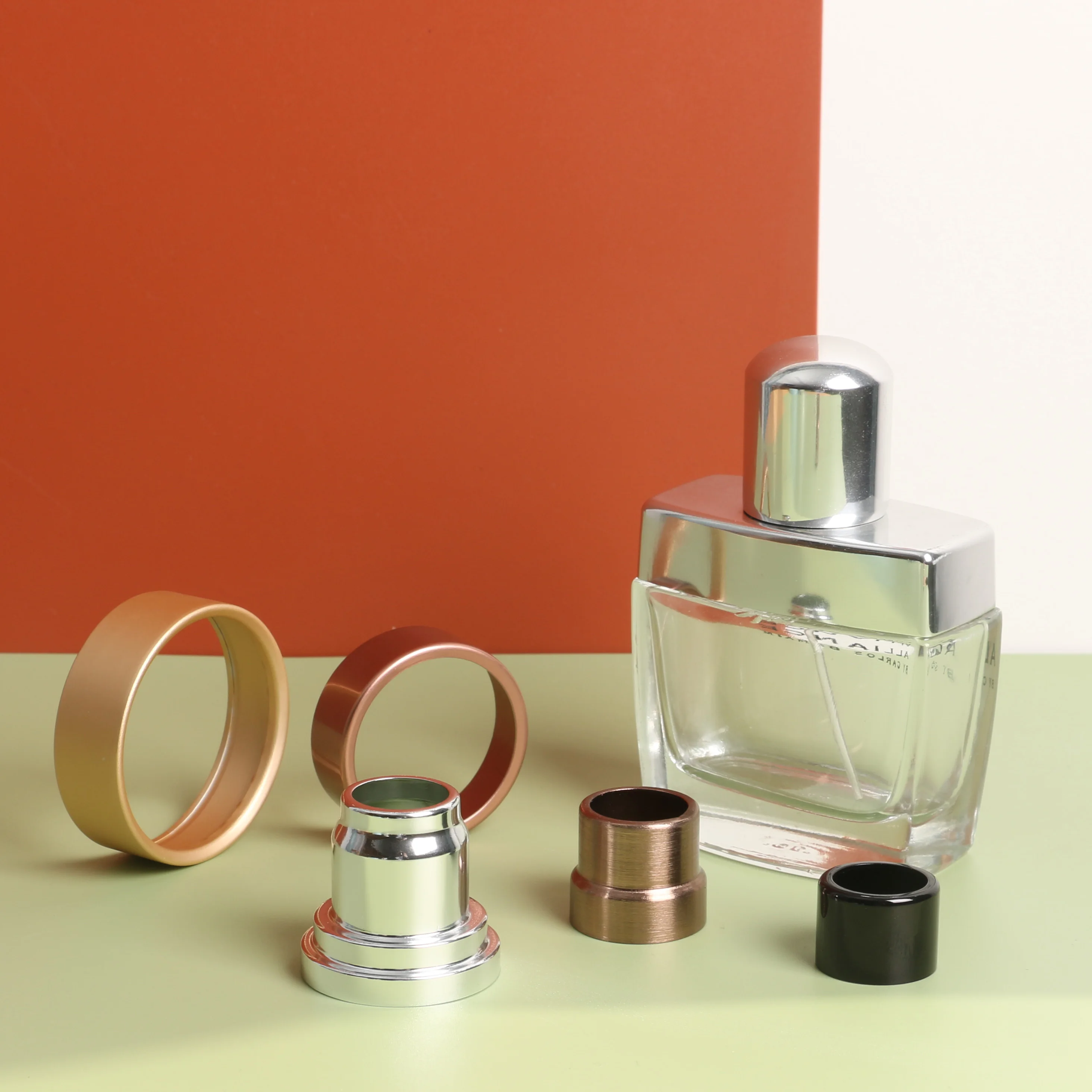 15mm 24/410 aluminum collar perfume pump shiny silver mist spray manufacturer glass bottle essential oil dropper black matte cap