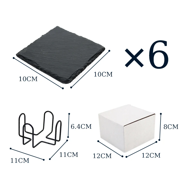 Set of 6 Slate Coaster Custom Black Slate Natural margin Coaster EVA non-slip mat With Metal Holder