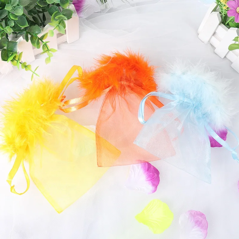 Custom Organza Bag 7x9 Wholesale Feather Organza Drawstring Pouches Gift Bags Jewelry Pouch Storage Fur Organza Bags