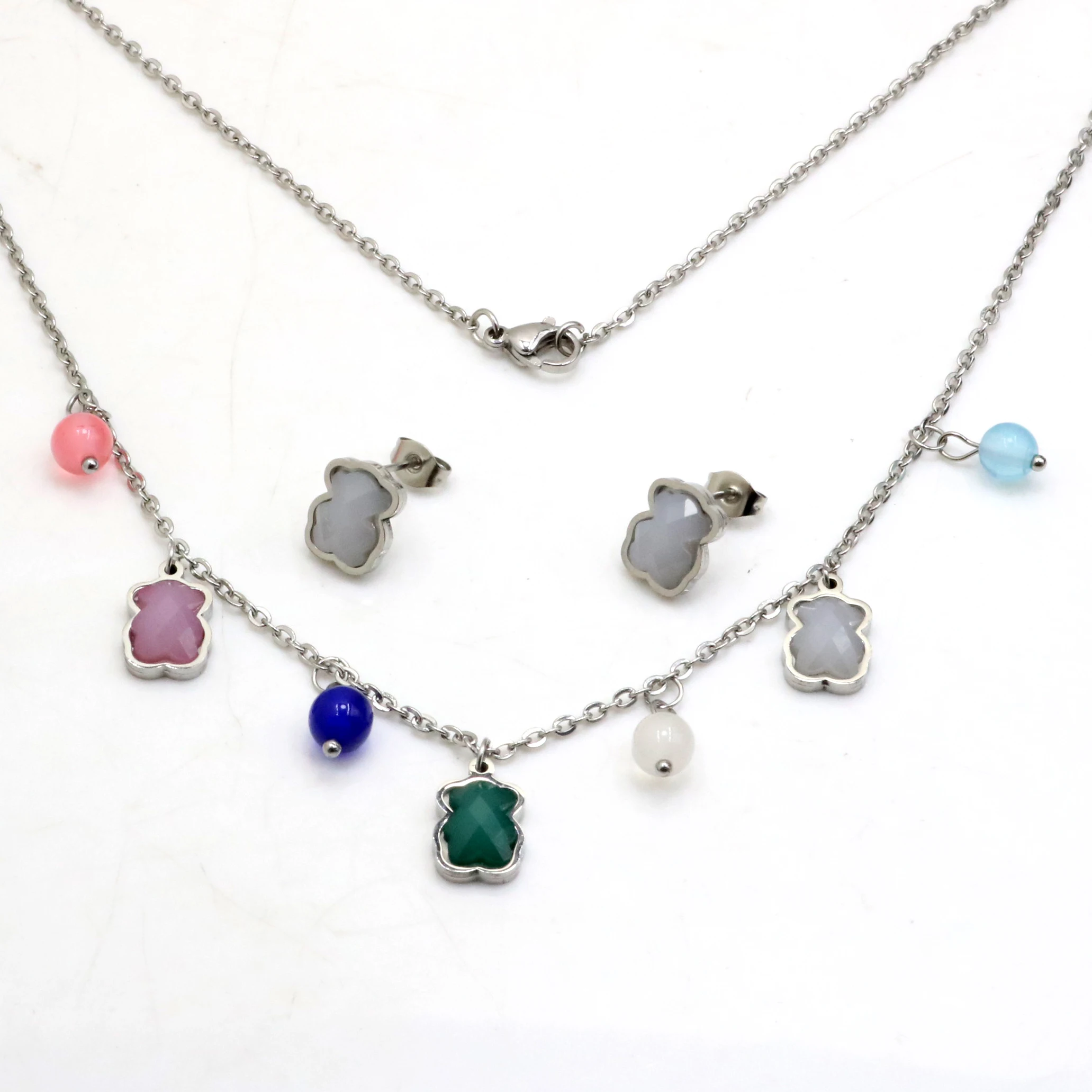 AFXSION Christmas hot jewelry bear necklace and earrings Stainless steel with Colorful Crystal 18K Gold Jewelry Set