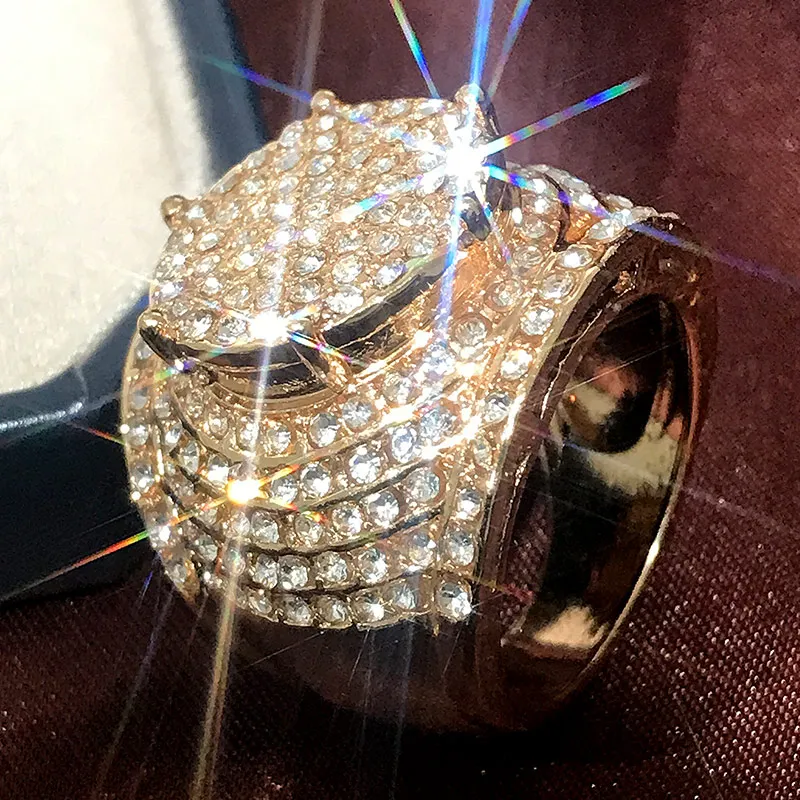 Huitan Noble Women Men Gold Exaggerated Rings Zircon Full Filled Official Fashion Tops Chunky Luxury Ring Gold Men
