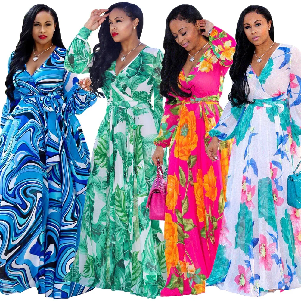
Hot Sale Elegant Ladies 3/4 Plus Size Long Sleeve V Neck Printed Maxi Dress Woman with Bandage ady clothes dresses 