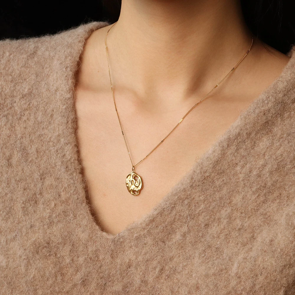 Chris April Fashion design PVD gold plated 316L stainless steel  bumpy texture hollow rocky organic pendant necklace