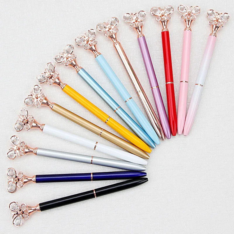Office School Gift Custom Logo Big Diamond Butterfly Crystal Top Twist Metal Ballpoint Pen