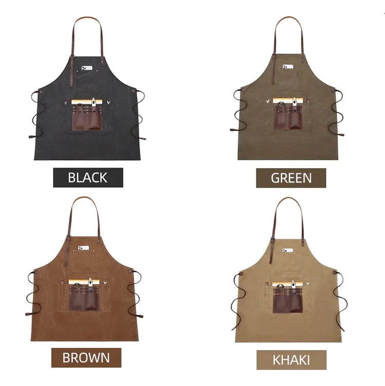 Customized logo wholesale gardener kitchen cafe vintage canvas sleeveless apron with multi-pocket tool apron