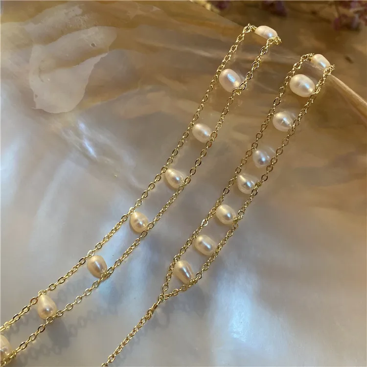 QiuHan Dainty Double Layer Girls Necklace and Bracelet Freshwater Pearl Jewelry Set for Gift Party