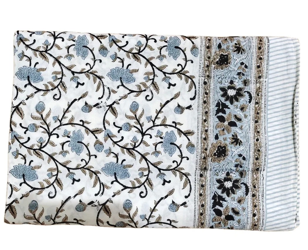 Indian Cotton Floral Hand Block Print White Queen Size Bedsheet With 2 Pillow Covers Online