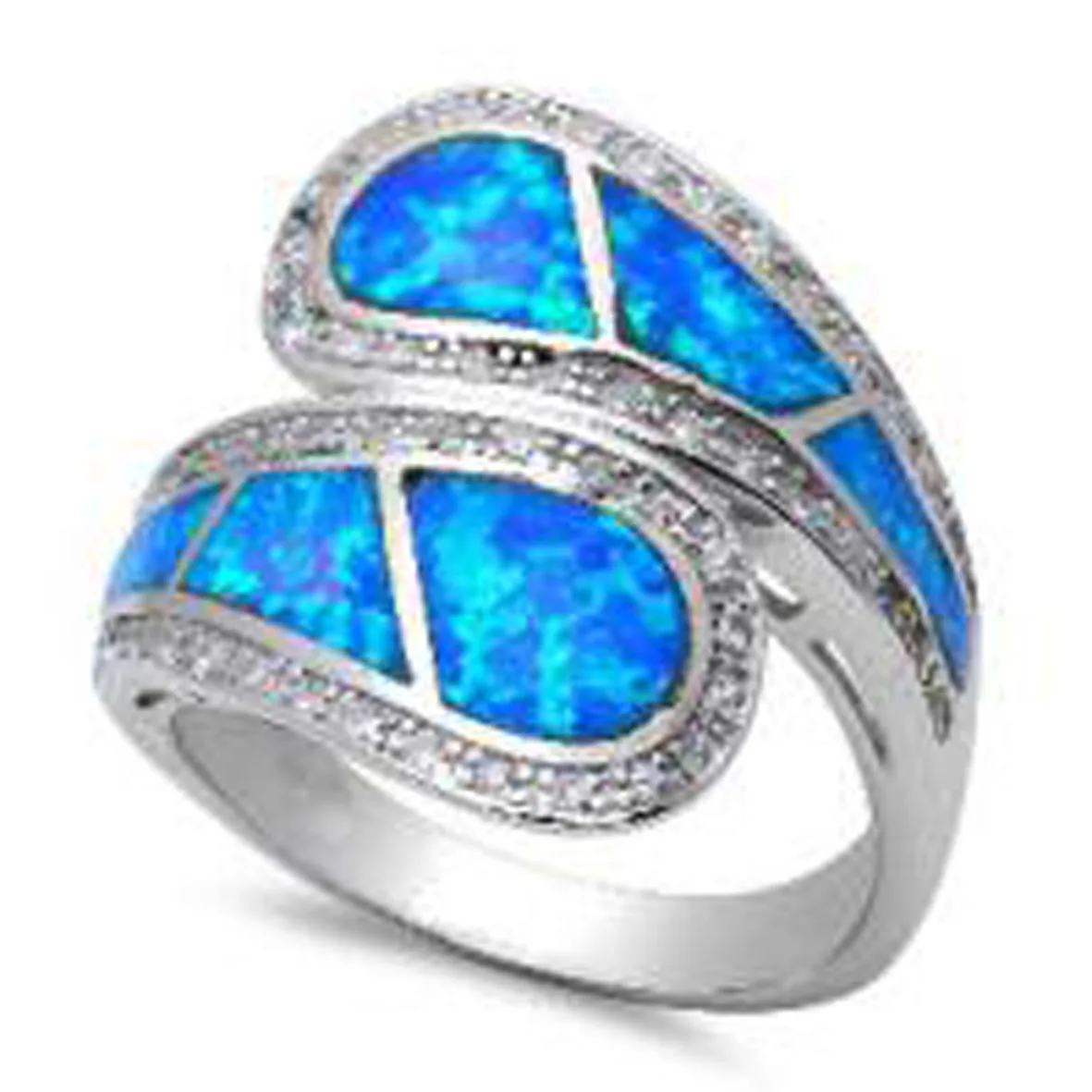Blue Opal Greek Key Design Wraparound 925 Sterling Silver Ring Handmade Opal Jewelry