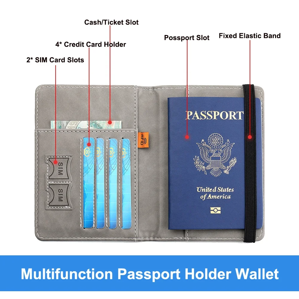 Leather Card Case Travel Document Organizer RFID Blocking Passport Holder Cover Travel Wallet with Elastic Band