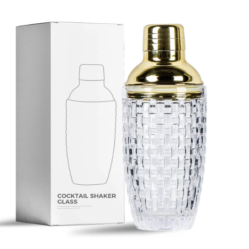 CAMOL FACTORY Luxury Glass Cocktail Shaker with Strainer and Stainless Steel Lid Martini Shaker Set Cocktail Shaker Glass Set