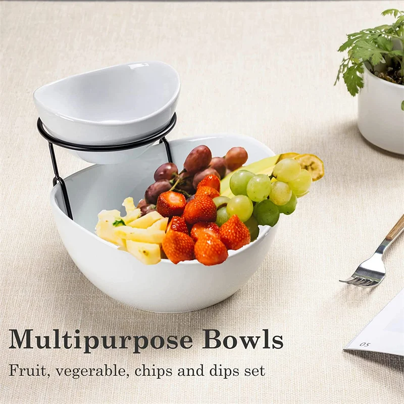 Ceramic 2 tier chip and dip with metal rack stand porcelain tiered fruit candy salad serving bowl set