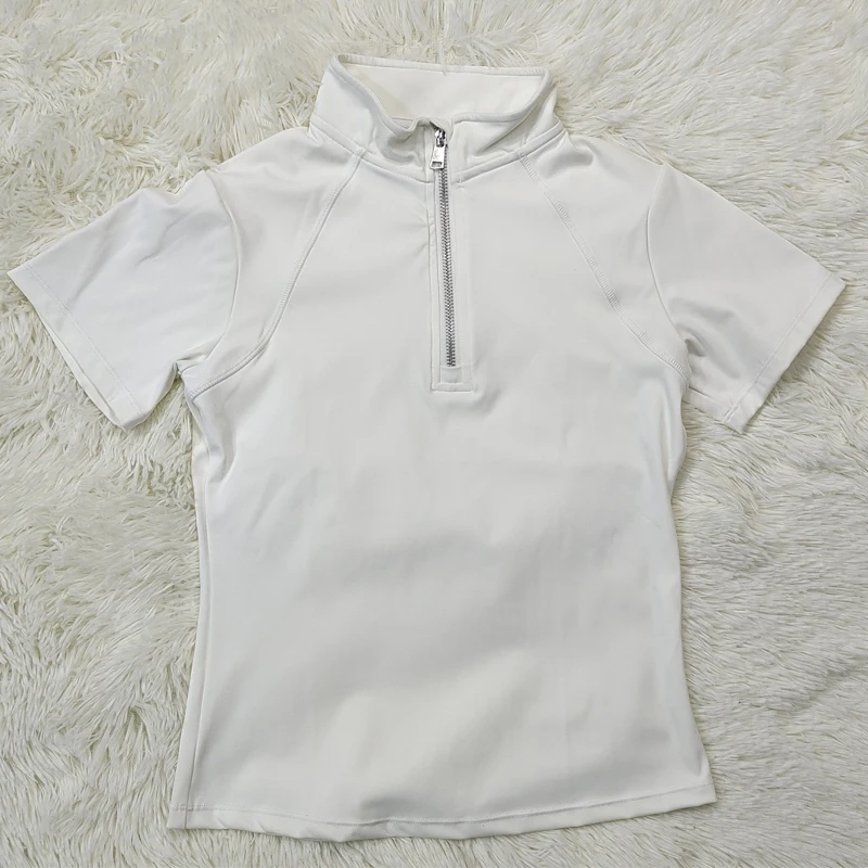 Customized Logo Hangtag White Lady Spandex Tops Riding Short Sleeve Equestrian Collared Shirts For Women