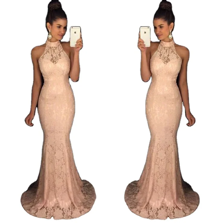 Sleeveless hanging neck mermaid dress female Amazon bridesmaid dress wedding lace evening dress