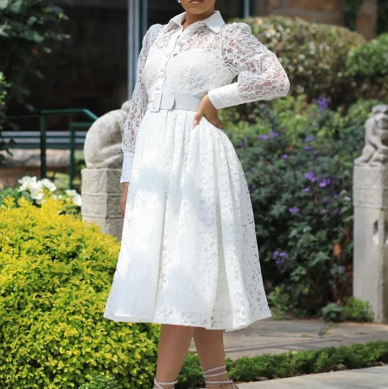 BOBOYU vestido 2022 latest design lace dress with belt elegant plus size office ladies long sleeve dress women career dress