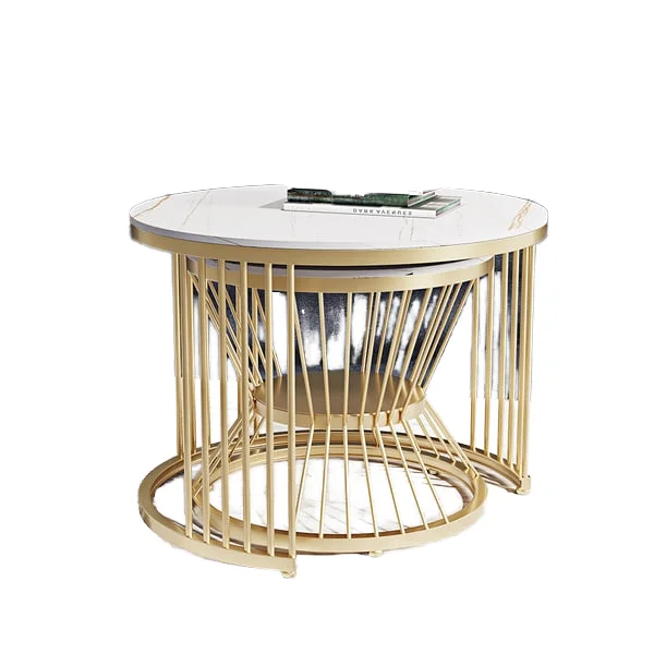 Contemporary Modern round Nesting Coffee Table Set Gold Metal Side with Glass Marble 2 Pieces Tea Coffee Table Middle Center Use