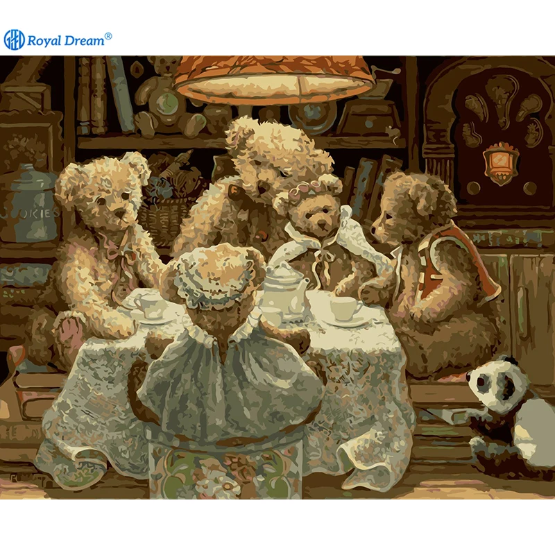 ROYALDREAM Little bear cartoon abstract painting canvas wall art acrylic diy oil paint by numbers on canvas for adults