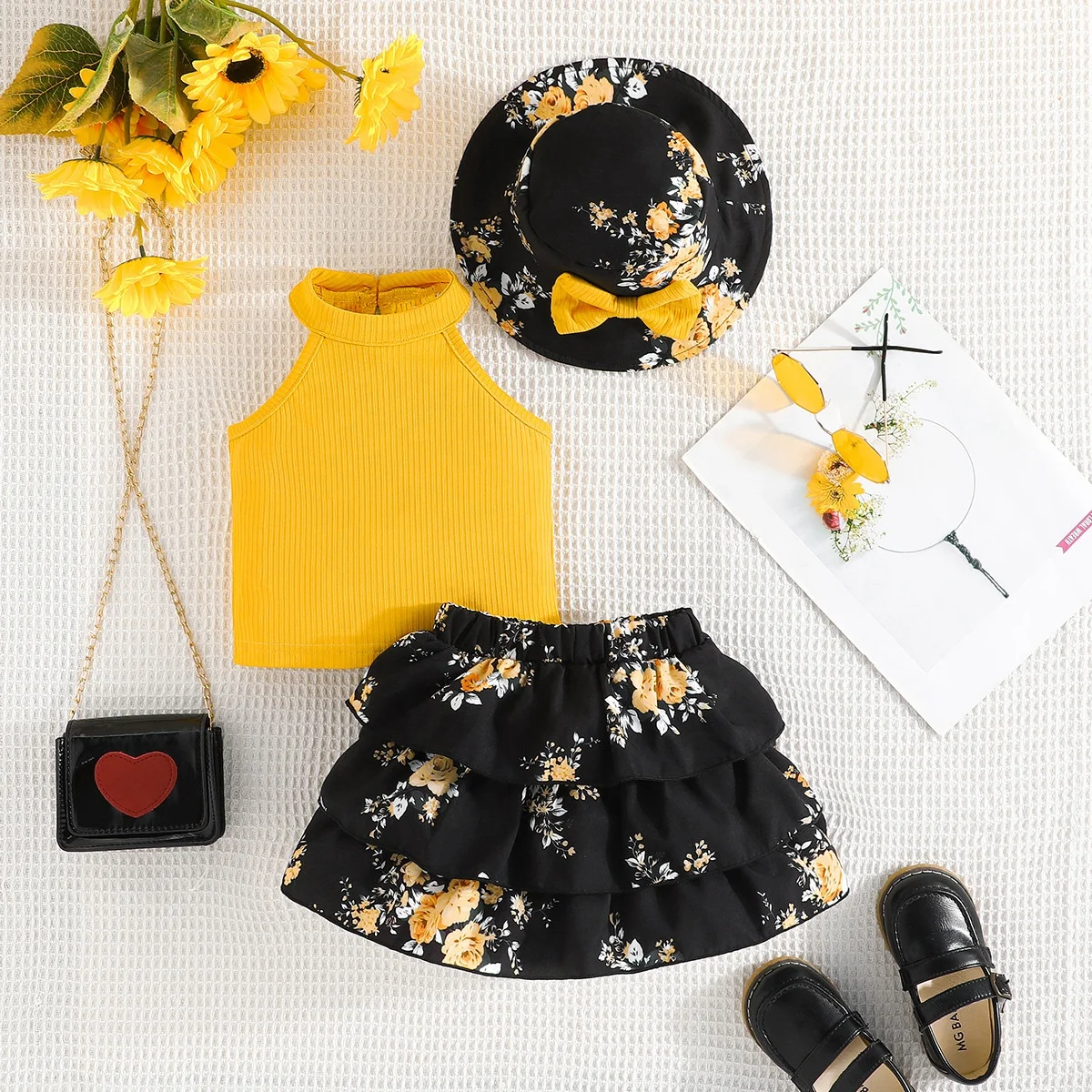 Baby Kids New Solid Color Sleeveless Top Full Print Flower Cake Short Skirt Hat Three Piece Set